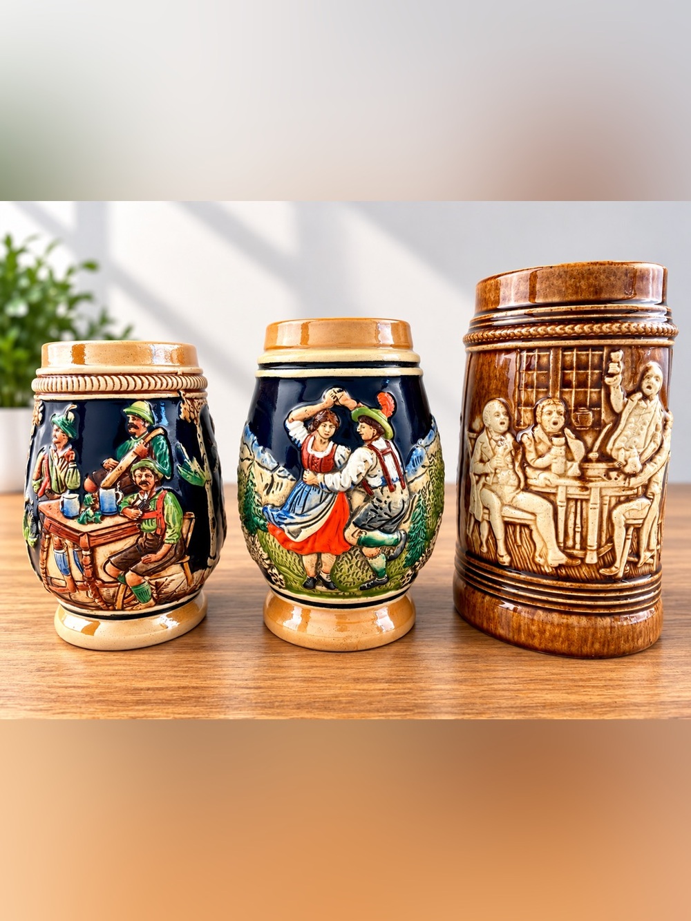 Vintage German Beer Stein Lot of 3 Wick-Werke 629 Thewalt 1192 Relief